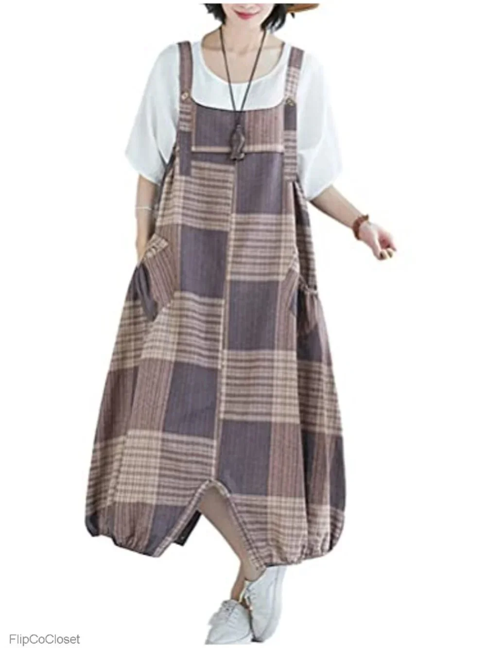 Women's Baggy Bib Overalls Wide Leg Cotton Linen Jumpsuit Pockets
